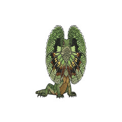 Illustration of a frilled-neck lizard with its frill extended, showcasing its distinctive green and brown coloration.