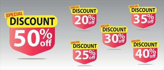 Discount buy now label pop-up banner with different sale percentage. 20, 25, 30, 35, 40, 50 percent off price reduction badge promotion, red discount sale tags with percentages	