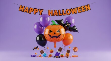Naklejka premium Festive Halloween scene with balloons, candy, and a Happy Halloween banner on a playful purple backdrop, perfect for spooky celebrations