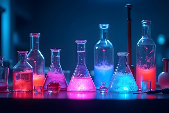 A science lab with glowing neon chemical liquids.