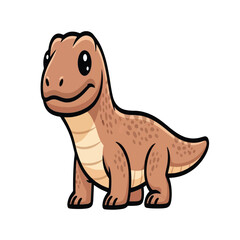 Cartoon illustration of a friendly, brown dinosaur standing on a white background.