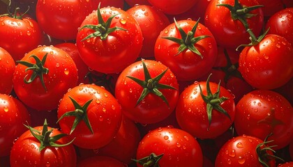 Close-up of many wet, red tomatoes