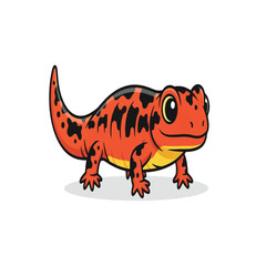 A vibrant cartoon illustration of a newt with orange and black markings, standing.