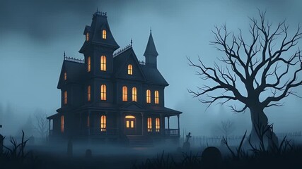 Spooky haunted mansion looms with ominous fog and bare trees on a dark, mysterious night - Powered by Adobe