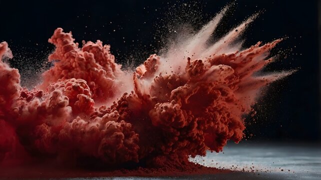 Vivid Red Powder Explosion with Dust Clouds and Dynamic Motion in Dark Background - Powered by Adobe