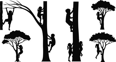 Children climbing trees silhouettes, playful kids, outdoor activity, childhood adventure, fun nature play, recreation illustration, black outline, forest lifestyle, exploration