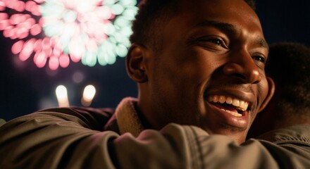 Close-up of a happy Black man smiling and hugging someone at night. Joyful celebration with colorful fireworks in the background. Friendship and holiday concept