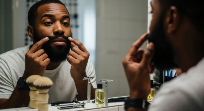 Black man styling his mustache in a bathroom mirror. Men's grooming and self-care routine. Facial hair maintenance concept - Powered by Adobe
