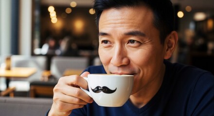 Happy middle-aged Asian man enjoying a cup of coffee in a cafe. A smiling man holds a mug with a mustache design while relaxing in a modern coffee shop