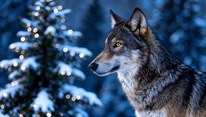 Obraz premium Gray Wolf Profile in Snowy Winter Landscape with Christmas Tree Lights