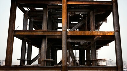 girders. Steel frame structure under construction with ambient lighting and minimal background, real-estate listings.
