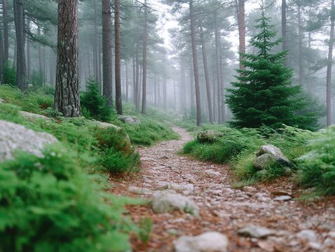 Foggy Trail Through Pine Forest with Greenery in Morning Light
