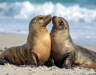 Fototapeta premium Two sea lions facing each other on a sandy beach near the ocean