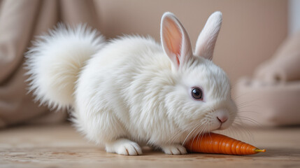 A fluffy white bunny with a fluffy tail, nibbling on a carrot5
