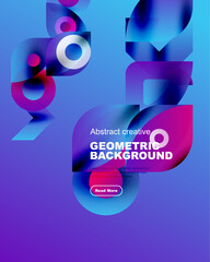 Vibrant abstract shapes create dynamic geometric background. Text promotes further exploration via button. Modern design elements present.