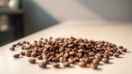 Freshly roasted aromatic coffee beans scattered on a modern surface in a warm, close-up view.