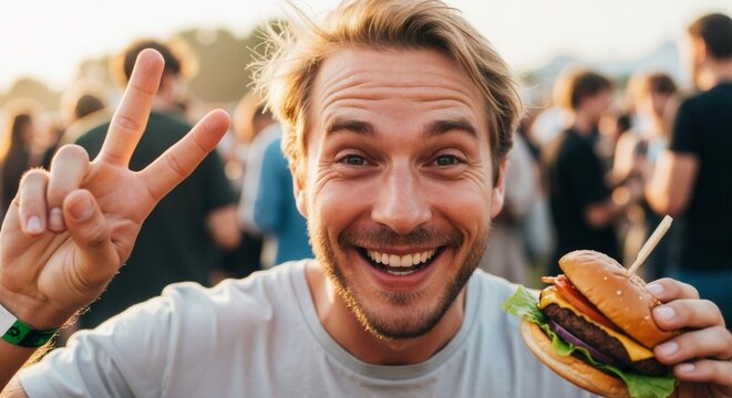 Happy young man eating a burger and showing a peace sign at a summer festival. Portrait of a smiling person enjoying fast food outdoors at sunset - Powered by Adobe