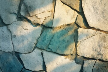 Obraz premium A close-up view of a textured stone wall, exhibiting various shades of gray and beige, with dramatic shadows cast by the sun.