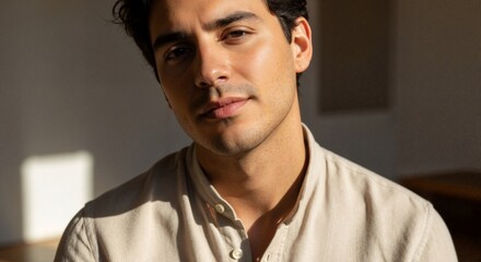 Obraz premium Young man smiling under natural light in modern indoor setting 