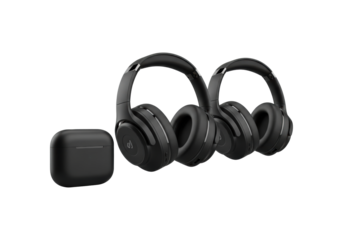 Three sleek black wireless over-ear headphones and a charging case in a staggered row, on a pristine transparent background with high-key studio lighting, concept of premium technology