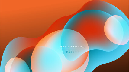 Abstract fluid shapes overlap, creating vibrant orange, blue gradients. Dark background emphasizes flowing design elements. Modern, dynamic composition.