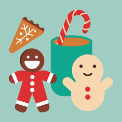 Christmas Food Vector Set _ Cookies, candy canes, gingerbread man, hot cocoa, flat vector style.