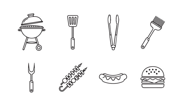 Barbecue grill and utensils collection for outdoor cooking and summer food preparation vector