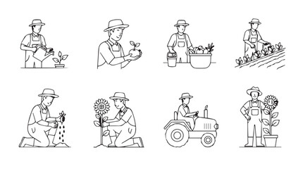 Rustic farm life set sketch farmers working fields tractor harvest gardening agriculture vector © Marzina Begum