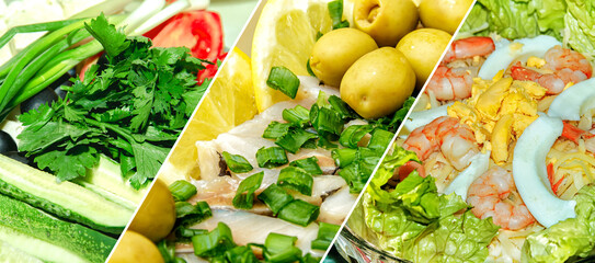 A collage of different salads