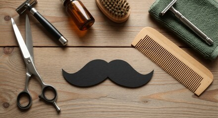 Men's grooming tools and accessories flat lay on a wooden background. Shaving, mustache, and beard care essentials. Copy space