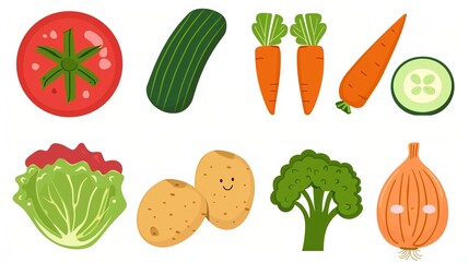 Flat vector illustration of assorted fresh vegetables in colorful cartoon style