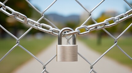 Lock and Chain Securing a Fence with Blurred Background of a Park and Pathway in daytime