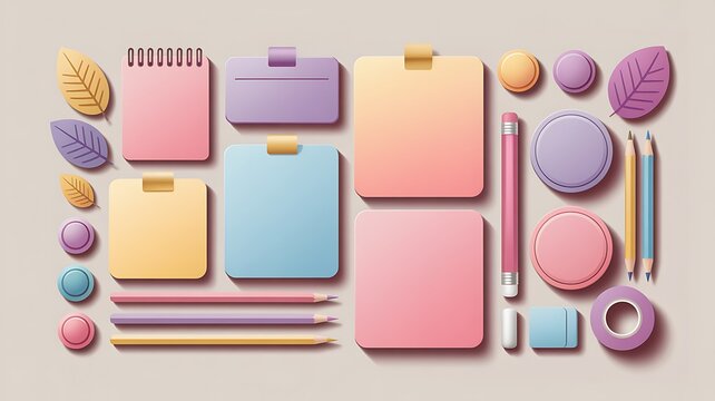 Pastel stationery flat lay with notes pencils and leaves for creative organization