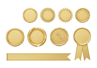 Six premium gold foil award seals (circle, curling, starburst) and a gold ribbon, meticulously arranged on a solid transparent background, concept of premium quality and prestige