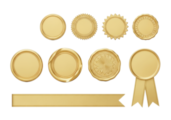 Six premium gold foil award seals (circle, curling, starburst) and a gold ribbon, meticulously arranged on a solid transparent background, concept of premium quality and prestige