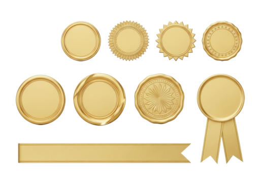 Six premium gold foil award seals (circle, curling, starburst) and a gold ribbon, meticulously arranged on a solid transparent background, concept of premium quality and prestige - Powered by Adobe