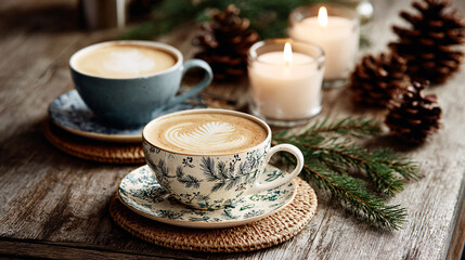 Cozy Christmas Coffee Break with Candles and Pine Cones