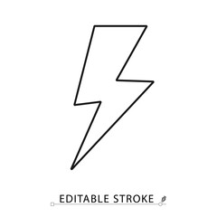 A lightning bolt icon in a minimalist line style with editable stroke. Electric power symbol, thunderstorm weather sign, energy flash, danger warning, fast charge concept, thunder strike.