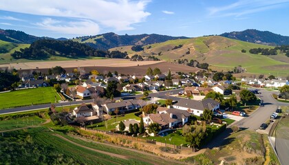 Aerial view of a residential area nestled in a valley, surrounded by fields and rolling hills