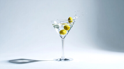 Elegant Martini A Classic Cocktail with Olives and a Splash, suspended in Mid-Air