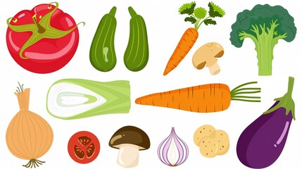 Flat vector illustration of assorted fresh vegetables in colorful cartoon style