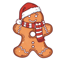 Cute Gingerbread Man Wearing Santa Hat and Scarf Christmas Illustration