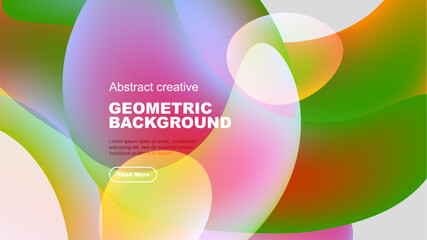 Vibrant overlapping shapes create dynamic colorful background. Text block present, button visible. Modern design aesthetic.