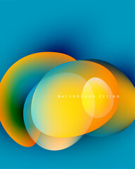 Abstract fluid shapes overlap. Vibrant colors blend, creating dynamic visual effect. Blue background enhances luminosity.