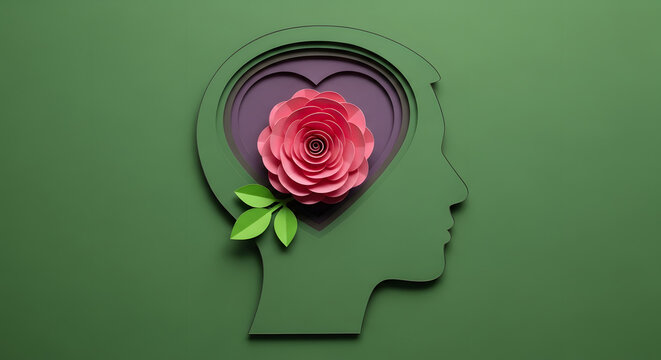 Mental Health Awareness Month Concept. Self Care, Positive Thinking, Happy and Optimistic Mind. Paper cut as a Head with a Rose Flowers on Brain - Powered by Adobe