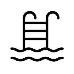 Simple black and white icon of a swimming pool ladder emerging from water waves for summer recreation