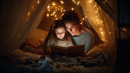A mother and daughter reading a book in a cozy tent-like structure