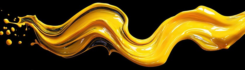 Pouring yellow oil sprayed across surface concept. Vibrant yellow paint splash with fluid design on a black background.