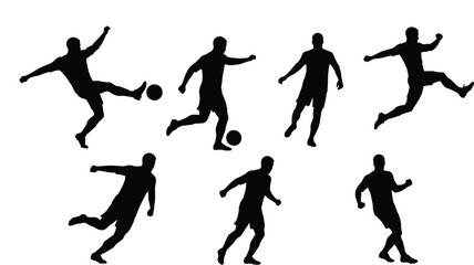 Silhouette soccer players kicking ball, running, jumping, playing football game, training, active sports lifestyle, competition, fitness, teamwork, athletic movement, action