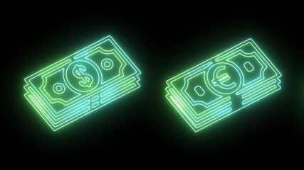 Dollar and Euro icons shown in stacks of money, outlined in green against a black backdrop. Great 4K stock footage
 - Powered by Adobe